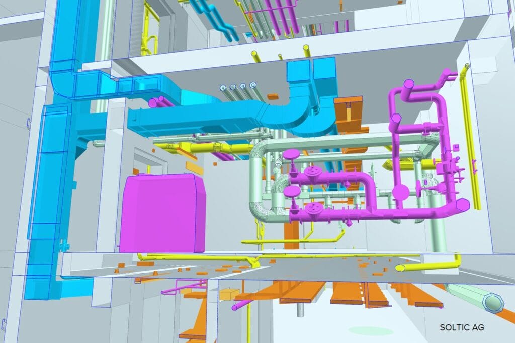Ansicht des BIM-Koordinationsmodells – visuelle Kontrolle der Überschneidungen zwischen den Fachdisziplinen mithilfe farblicher Unterscheidung