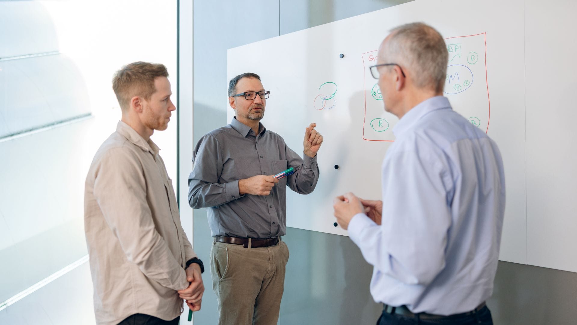 drei SOLTIC-Mitarbeitende im Gespräch vor einem Whiteboard