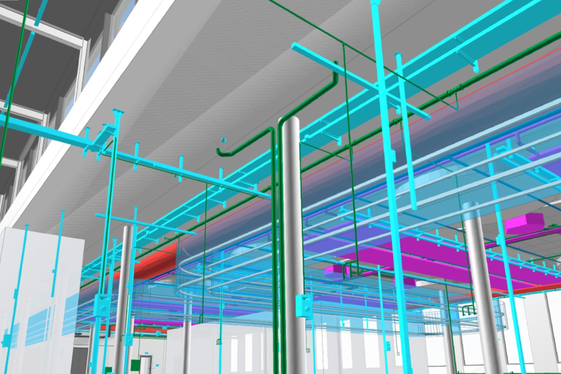 Visualisierung eines BIM-Projekts zur Darstellung der visuellen Überprüfung und der Koordination zwischen den Fachbereichen Haustechnik und Logistik